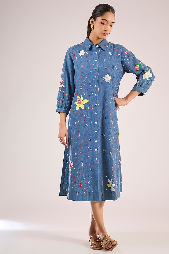 Blue Cotton Floral Midi Vacation Dress by Vineet Rahul at Pernia's Pop Up Shop