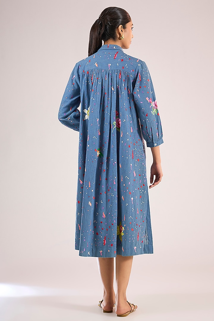 Blue Cotton Floral Midi Vacation Dress by Vineet Rahul at Pernia's Pop Up Shop