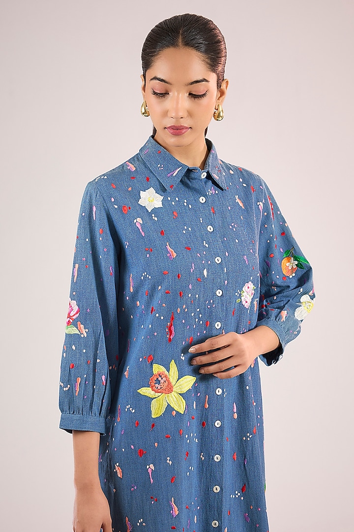 Blue Cotton Floral Midi Vacation Dress by Vineet Rahul at Pernia's Pop Up Shop