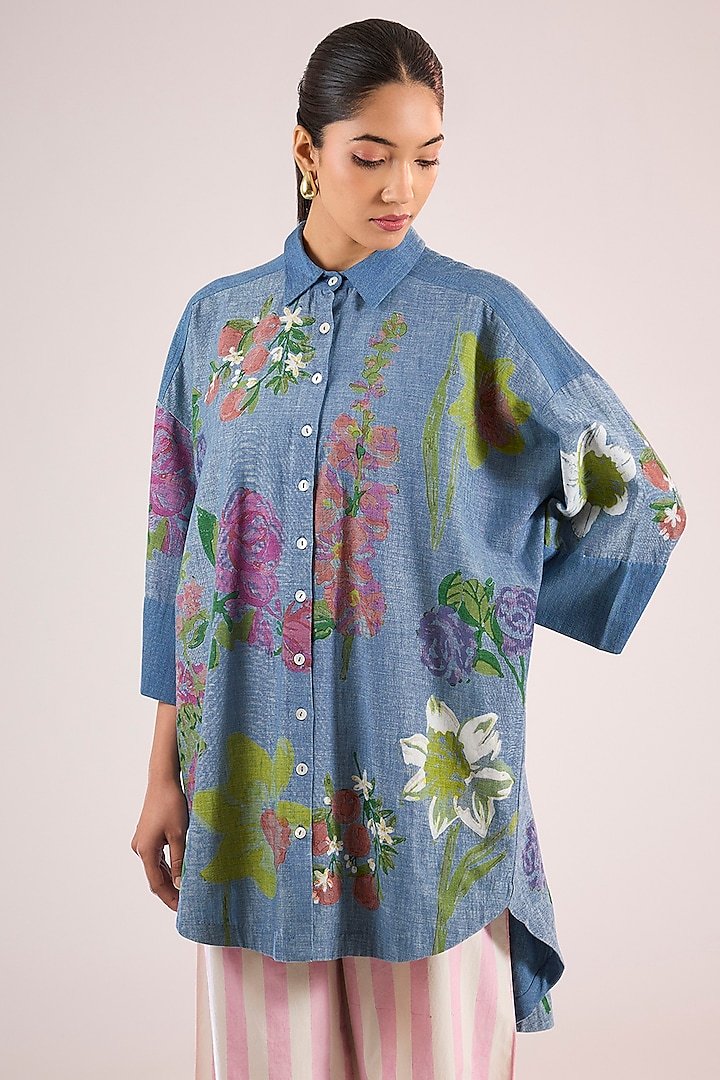 Blue Cotton Floral Shirt by Vineet Rahul at Pernia's Pop Up Shop