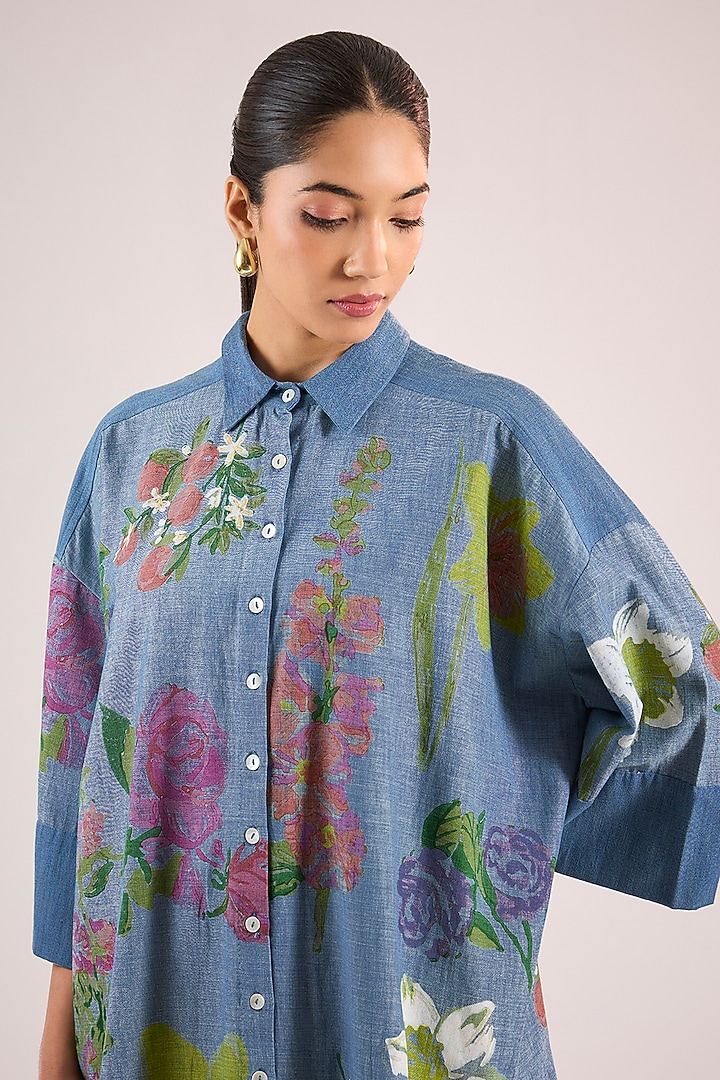 Blue Cotton Floral Shirt by Vineet Rahul at Pernia's Pop Up Shop