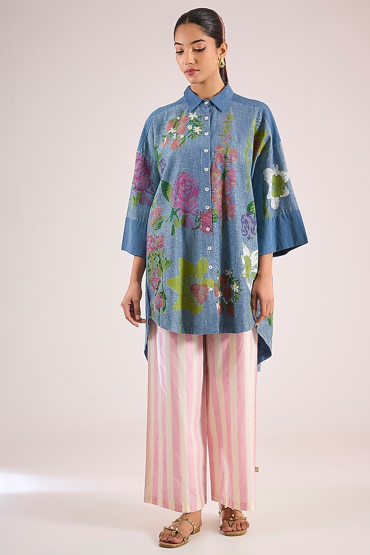 Blue Cotton Floral Shirt by Vineet Rahul at Pernia's Pop Up Shop