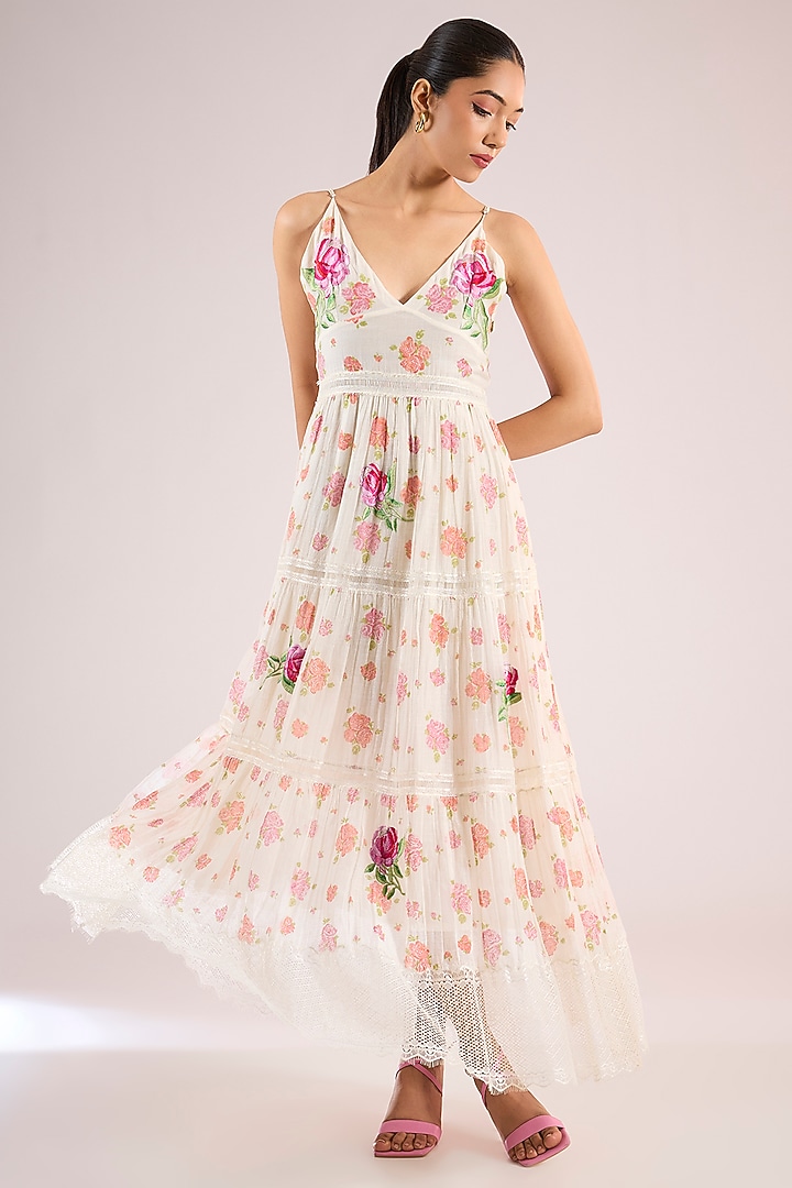 Ivory Chanderi Floral Maxi Vacation Dress by Vineet Rahul at Pernia's Pop Up Shop