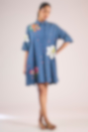 Blue Cotton Floral Mini Vacation Dress by Vineet Rahul at Pernia's Pop Up Shop