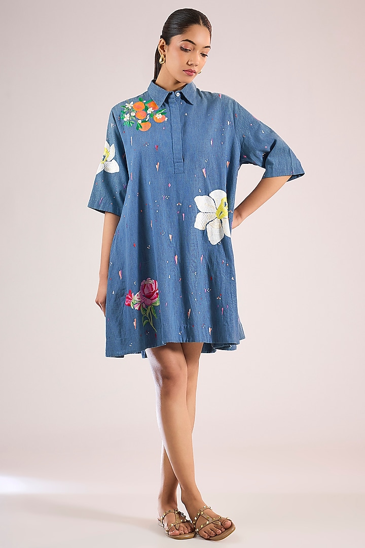 Blue Cotton Floral Mini Vacation Dress by Vineet Rahul at Pernia's Pop Up Shop