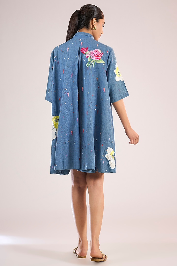 Blue Cotton Floral Mini Vacation Dress by Vineet Rahul at Pernia's Pop Up Shop