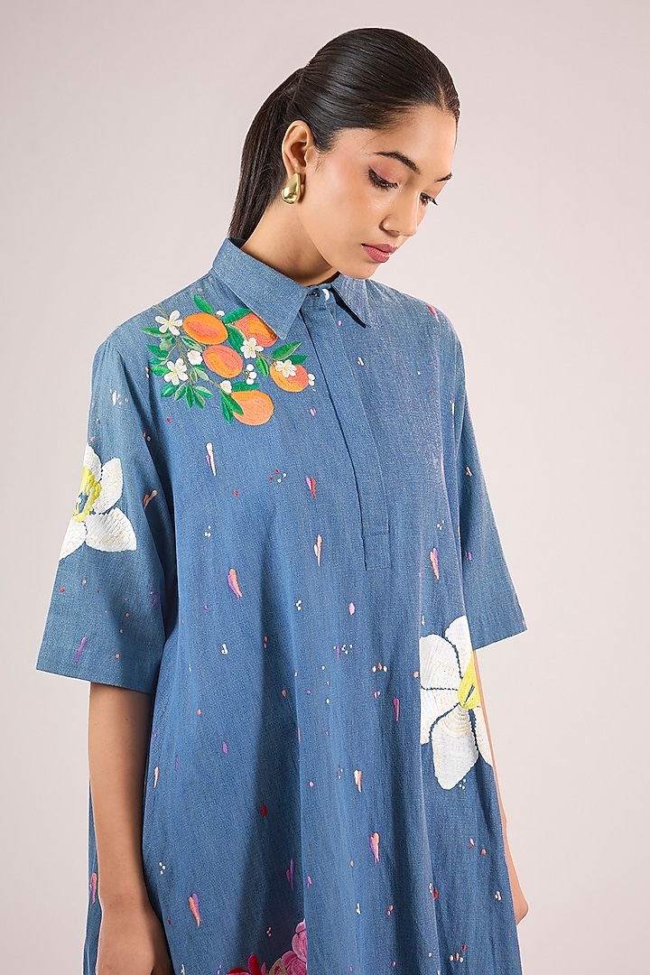 Blue Cotton Floral Mini Vacation Dress by Vineet Rahul at Pernia's Pop Up Shop