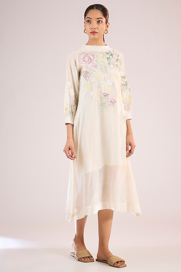 Ivory Chanderi Floral Midi Vacation Dress by Vineet Rahul at Pernia's Pop Up Shop