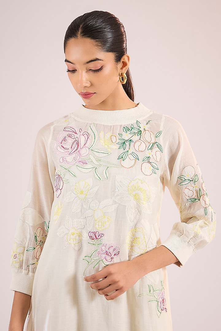 Ivory Chanderi Floral Midi Vacation Dress by Vineet Rahul at Pernia's Pop Up Shop