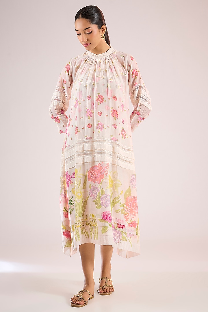 Ivory Chanderi Floral Midi Vacation Dress by Vineet Rahul at Pernia's Pop Up Shop