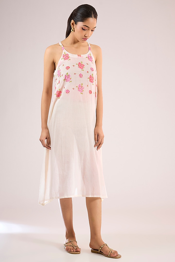 Ivory Chanderi Floral Midi Vacation Dress by Vineet Rahul at Pernia's Pop Up Shop