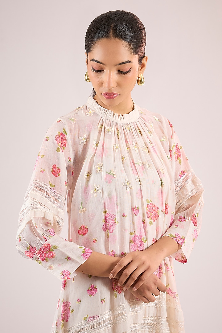 Ivory Chanderi Floral Midi Vacation Dress by Vineet Rahul at Pernia's Pop Up Shop