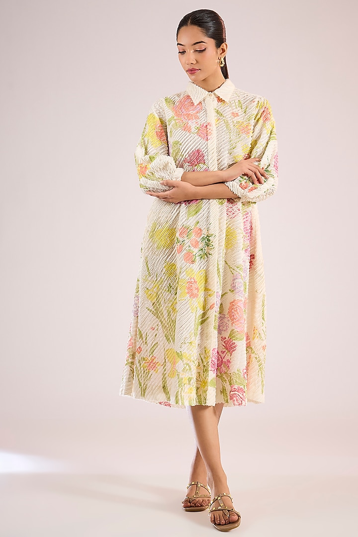 Ivory Chanderi Floral Midi Vacation Dress by Vineet Rahul at Pernia's Pop Up Shop