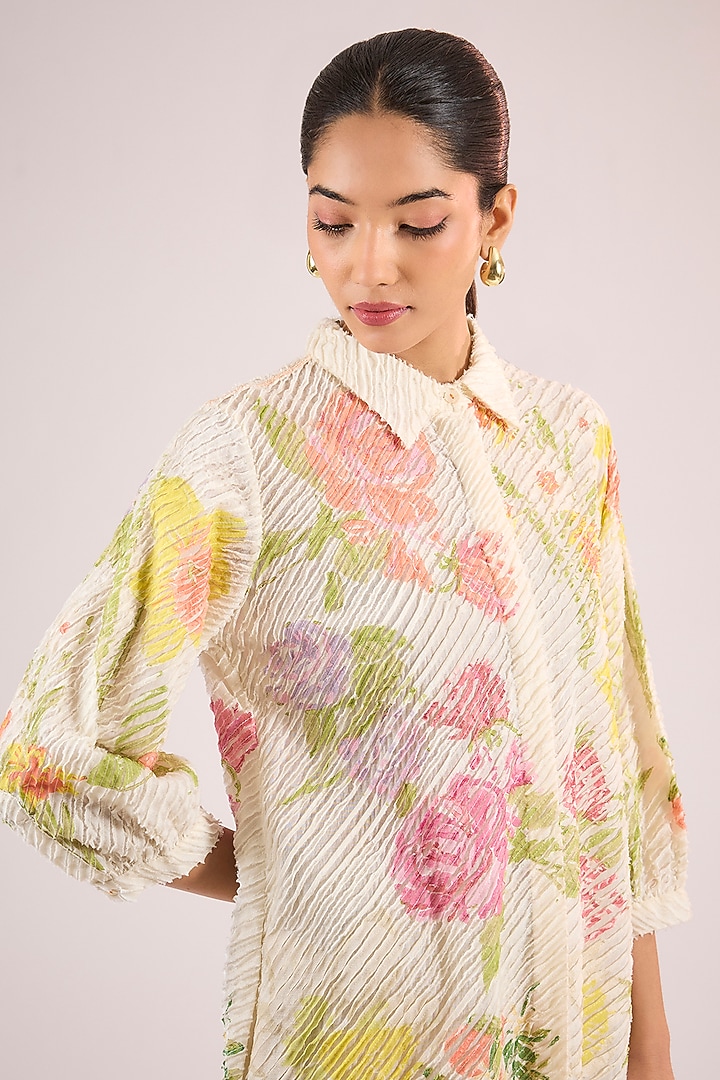 Ivory Chanderi Floral Midi Vacation Dress by Vineet Rahul at Pernia's Pop Up Shop