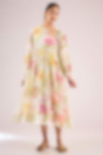 Ivory Chanderi Floral Midi Vacation Dress by Vineet Rahul at Pernia's Pop Up Shop