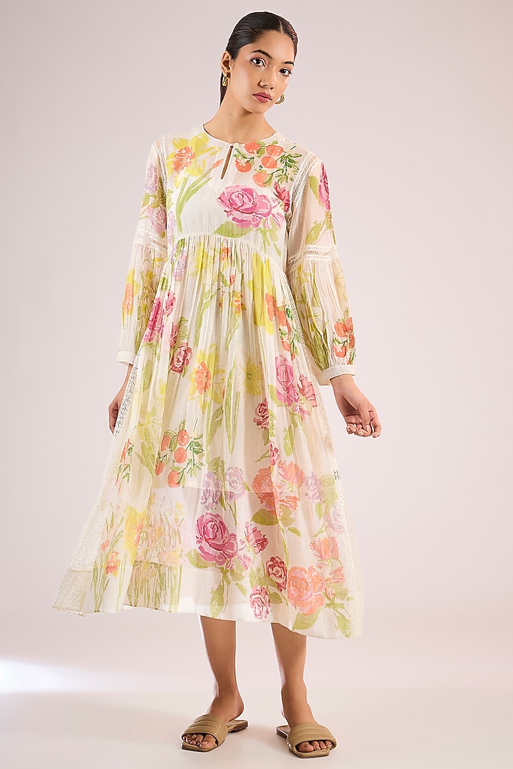 Ivory Chanderi Floral Midi Vacation Dress by Vineet Rahul at Pernia's Pop Up Shop