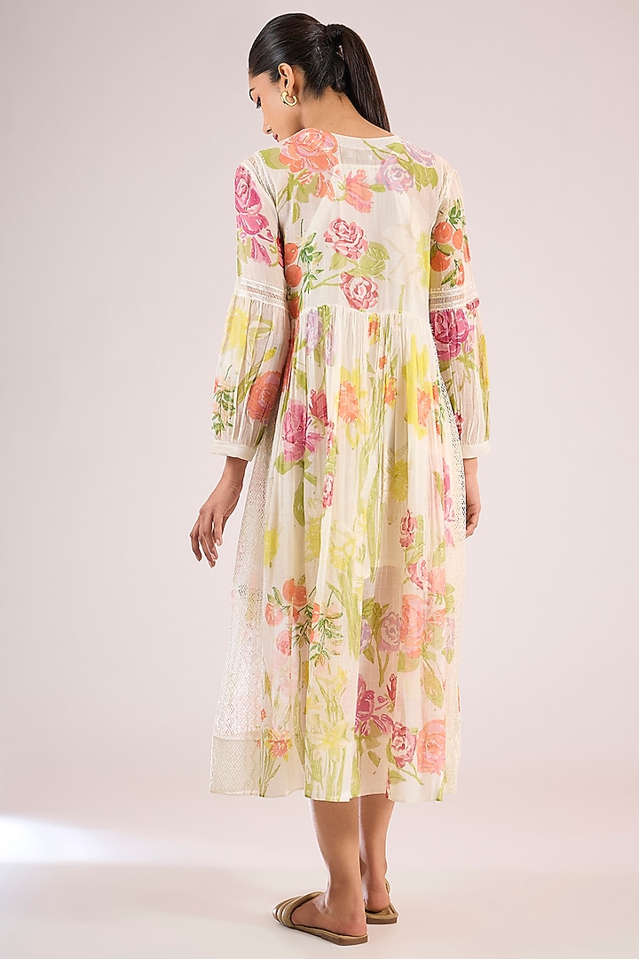 Ivory Chanderi Floral Midi Vacation Dress by Vineet Rahul at Pernia's Pop Up Shop