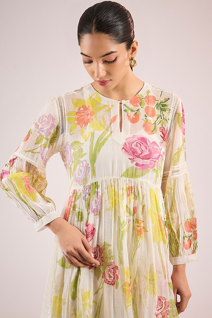 Ivory Chanderi Floral Midi Vacation Dress by Vineet Rahul at Pernia's Pop Up Shop