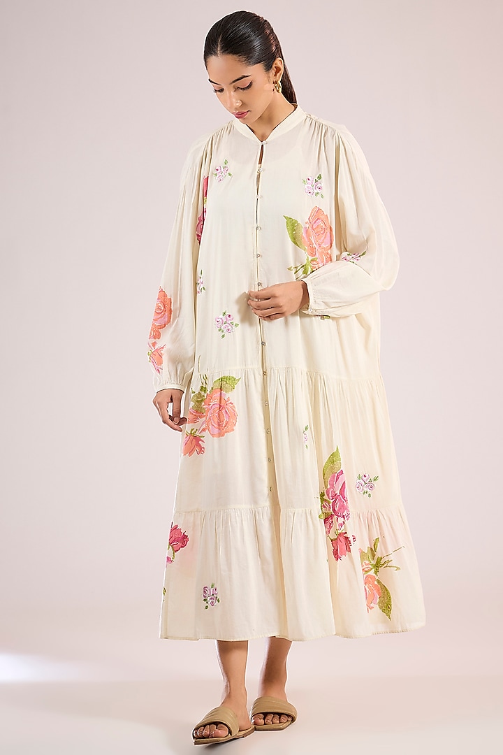 Ivory Chanderi Floral Midi Vacation Dress by Vineet Rahul at Pernia's Pop Up Shop