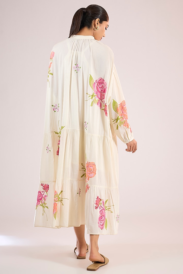 Ivory Chanderi Floral Midi Vacation Dress by Vineet Rahul at Pernia's Pop Up Shop