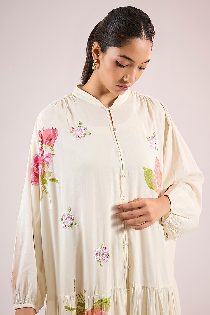 Ivory Chanderi Floral Midi Vacation Dress by Vineet Rahul at Pernia's Pop Up Shop