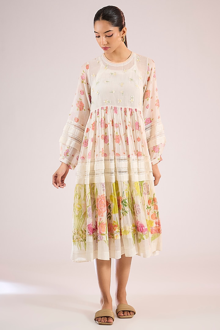 Ivory Chanderi Floral Midi Vacation Dress by Vineet Rahul at Pernia's Pop Up Shop