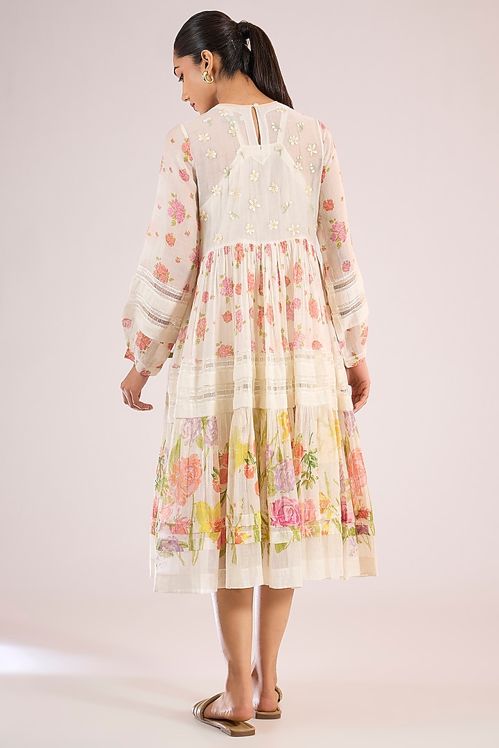 Ivory Chanderi Floral Midi Vacation Dress by Vineet Rahul at Pernia's Pop Up Shop