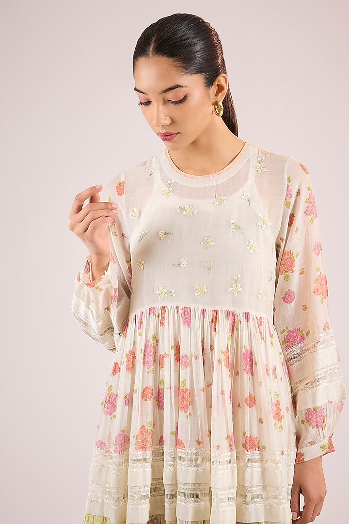 Ivory Chanderi Floral Midi Vacation Dress by Vineet Rahul at Pernia's Pop Up Shop