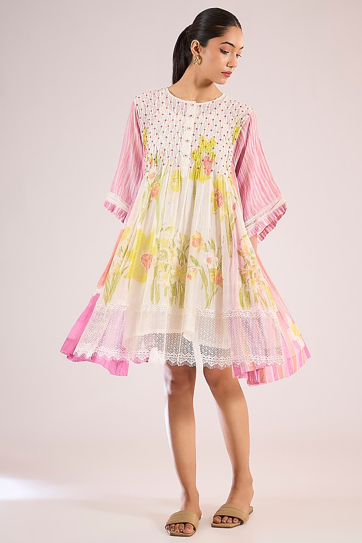 Ivory Chanderi Floral Vacation Dress by Vineet Rahul at Pernia's Pop Up Shop