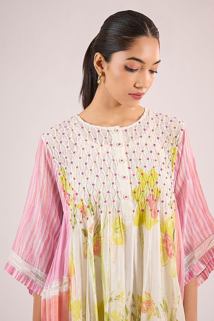 Ivory Chanderi Floral Vacation Dress by Vineet Rahul at Pernia's Pop Up Shop