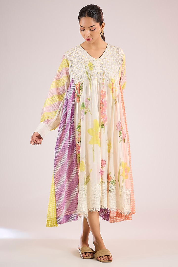 Ivory Chanderi Floral Midi Vacation Dress by Vineet Rahul at Pernia's Pop Up Shop