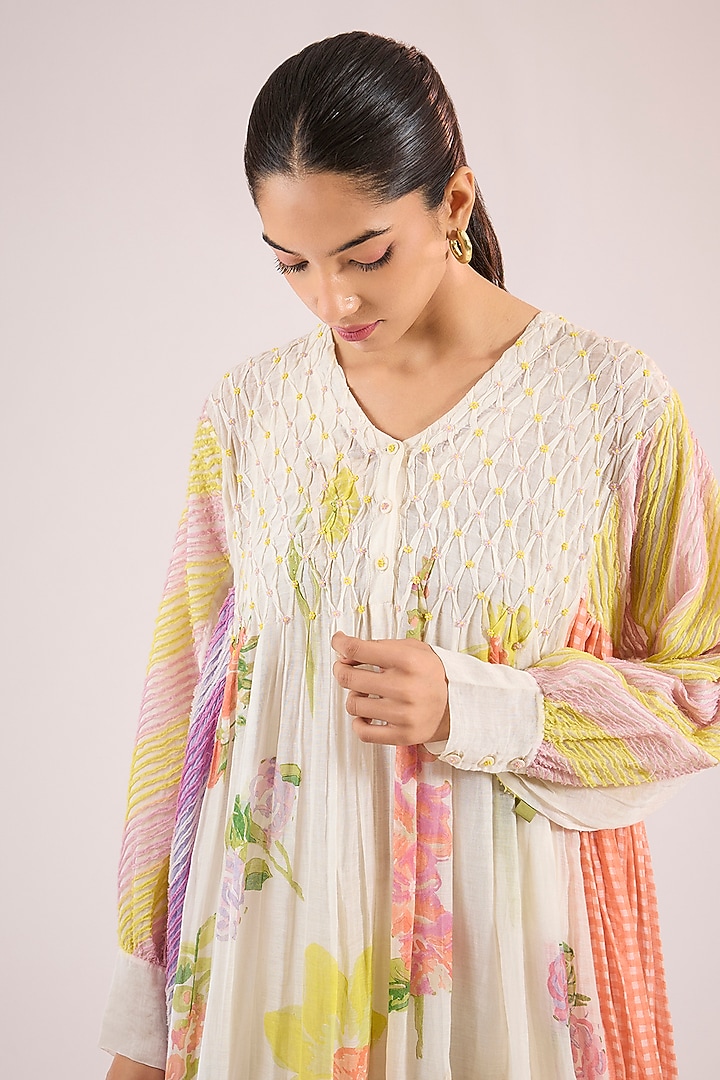 Ivory Chanderi Floral Midi Vacation Dress by Vineet Rahul at Pernia's Pop Up Shop