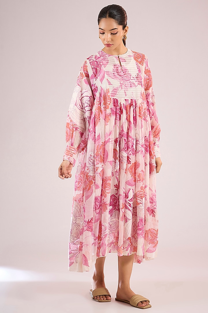 Ivory Chanderi Floral Midi Vacation Dress by Vineet Rahul at Pernia's Pop Up Shop