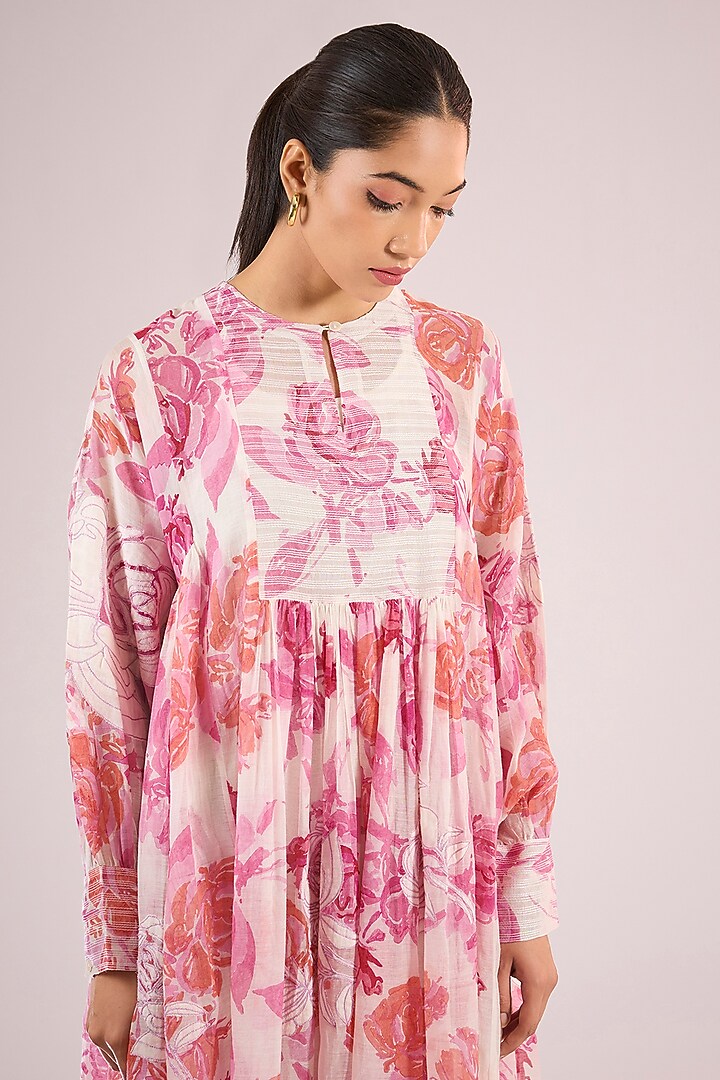 Ivory Chanderi Floral Midi Vacation Dress by Vineet Rahul at Pernia's Pop Up Shop