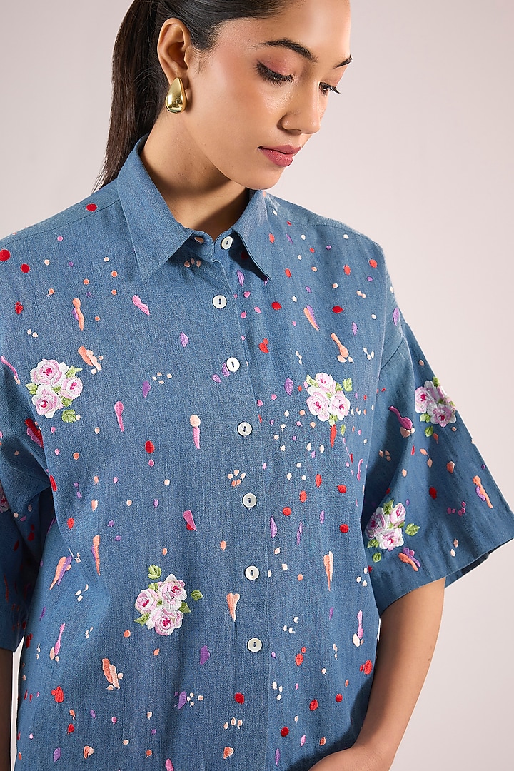 Blue Cotton Floral Shirt by Vineet Rahul at Pernia's Pop Up Shop