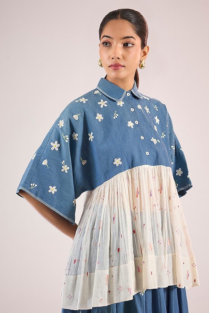 Blue Cotton Floral Top by Vineet Rahul at Pernia's Pop Up Shop