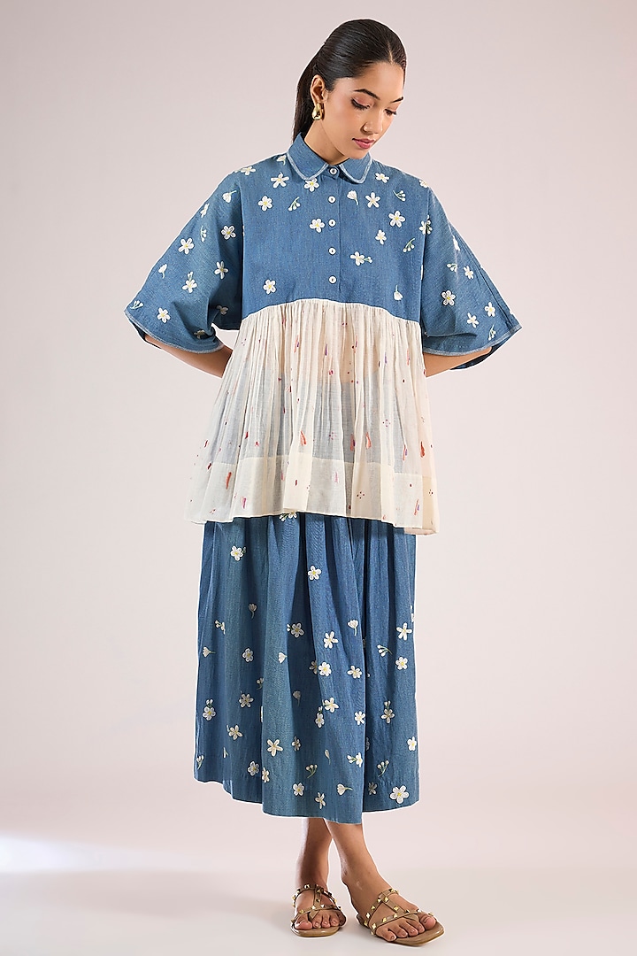 Blue Cotton Floral Top by Vineet Rahul at Pernia's Pop Up Shop