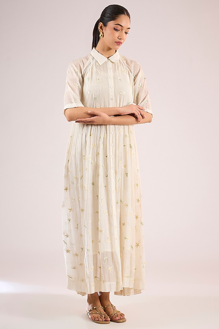Ivory Chanderi Floral Maxi Vacation Dress by Vineet Rahul at Pernia's Pop Up Shop