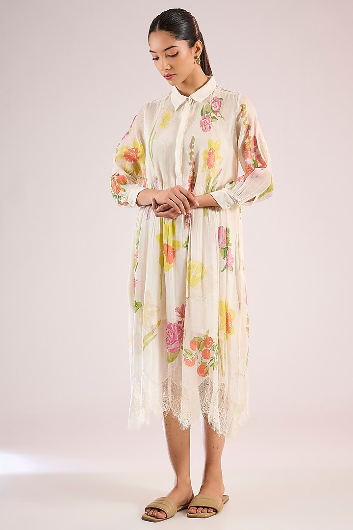 Ivory Chanderi Floral Midi Vacation Dress by Vineet Rahul at Pernia's Pop Up Shop