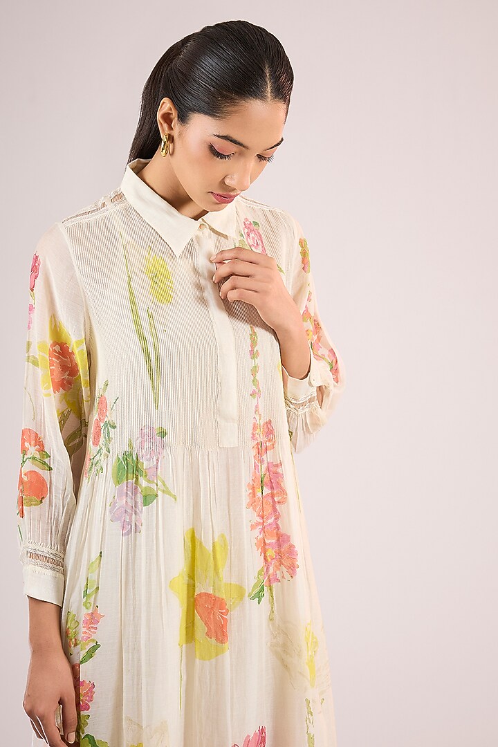 Ivory Chanderi Floral Midi Vacation Dress by Vineet Rahul at Pernia's Pop Up Shop