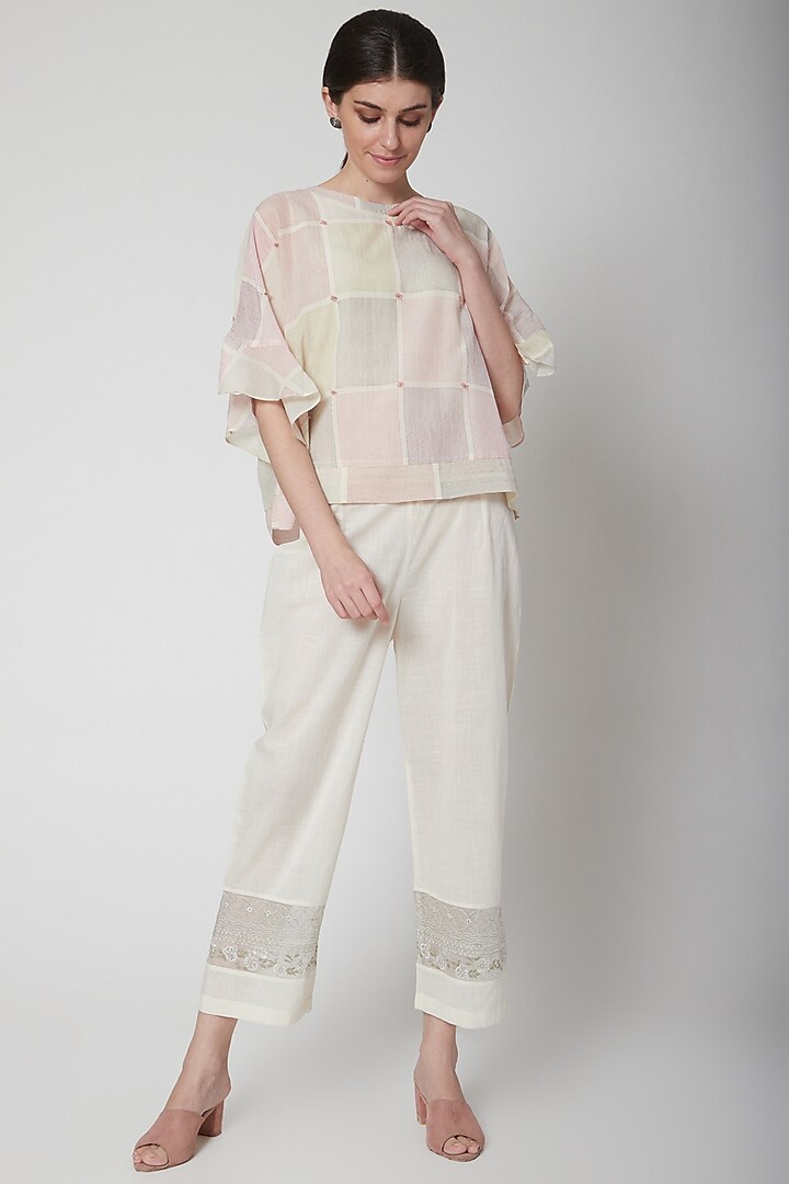White Embroidered Straight Fit Pant by Vineet Rahul at Pernia's Pop Up Shop