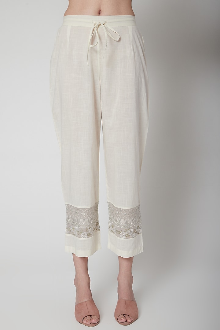 White Embroidered Straight Fit Pant by Vineet Rahul