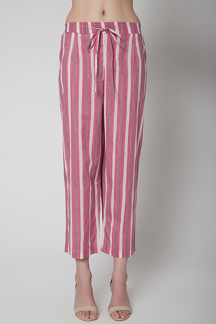 Blush Pink Printed Striped Pants by Vineet Rahul