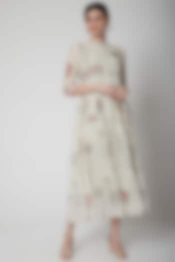White Printed Tiered Dress With Slip by Vineet Rahul
