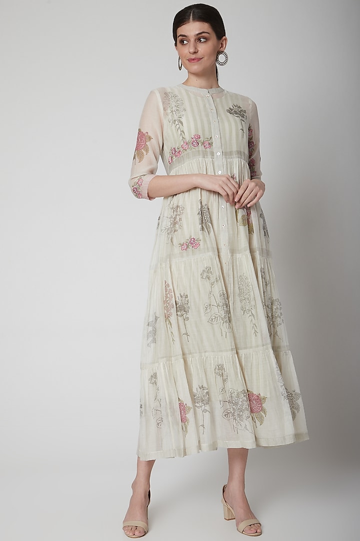 White Printed Tiered Dress With Slip by Vineet Rahul