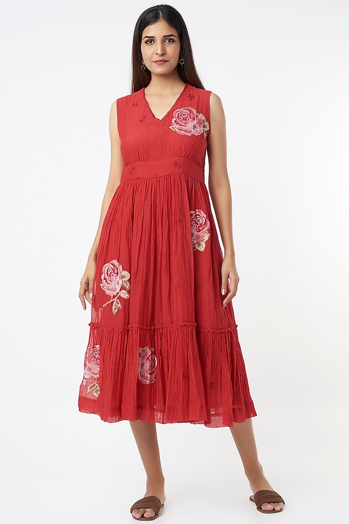 Red Chanderi Cotton Vacation Dress by Vineet Rahul at Pernia's Pop Up Shop