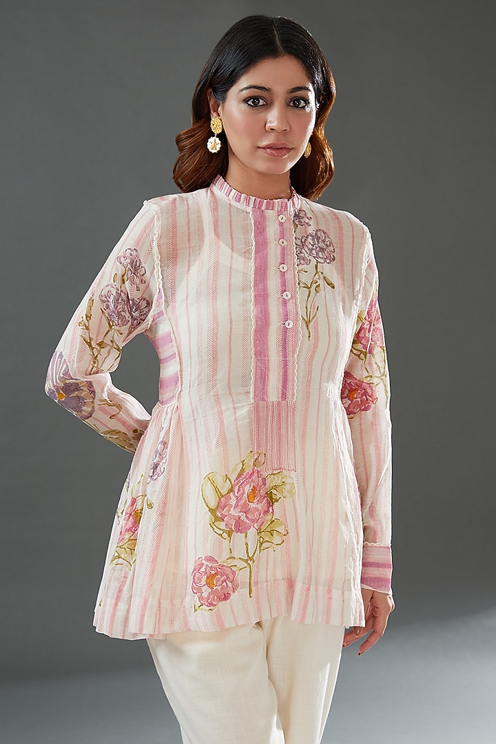 Off-White Silk Cotton Printed Top by Vineet Rahul at Pernia's Pop Up Shop