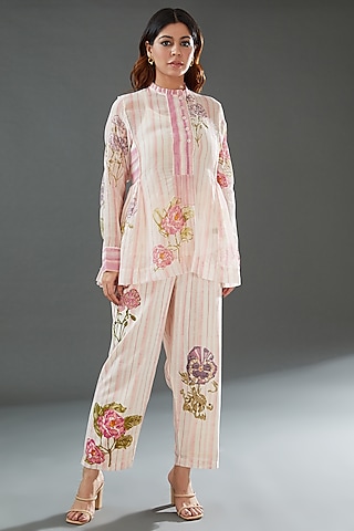 Ivory Cotton Printed Pants by Vineet Rahul