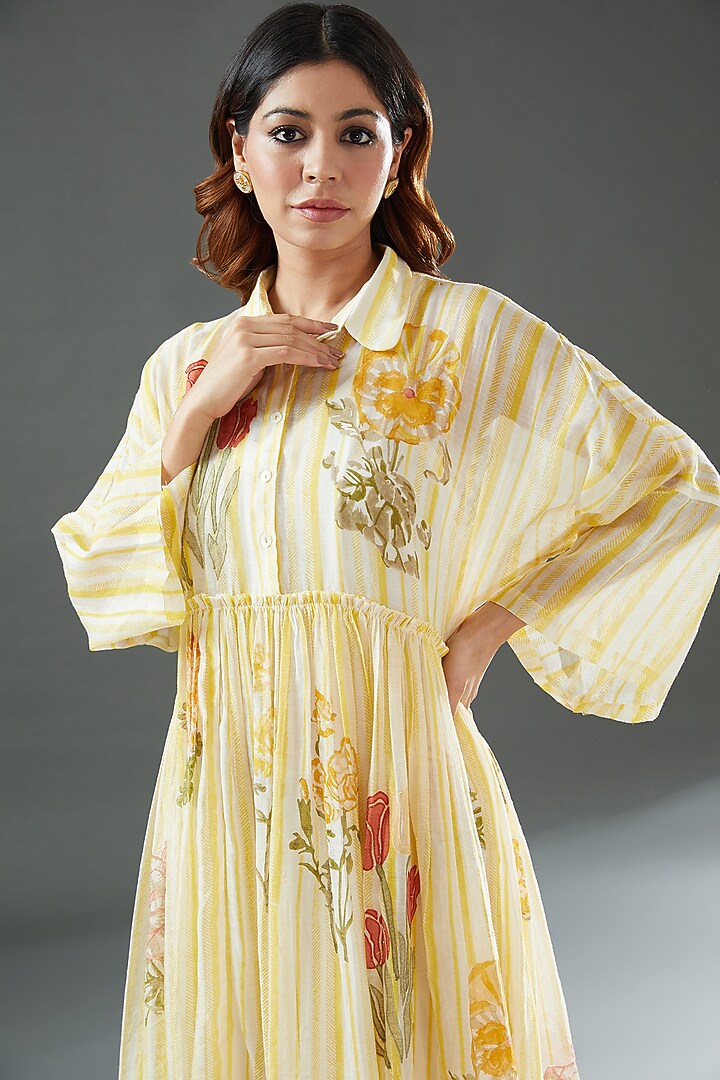 Ivory Silk Cotton Printed Midi Vacation Dress by Vineet Rahul at Pernia's Pop Up Shop