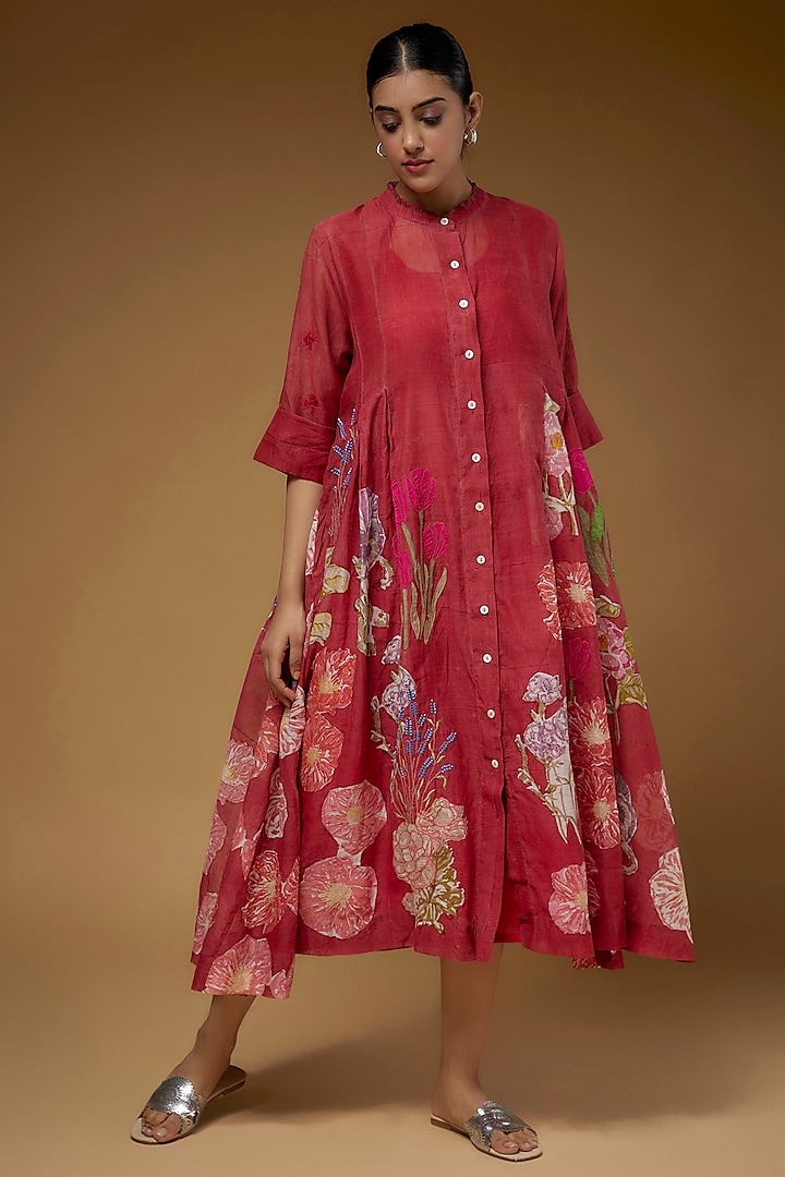 Red Silk Cotton Dress by Vineet Rahul